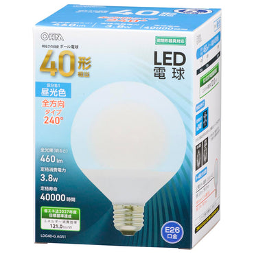 LED電球 ボール球形（40形相当/460Lm/3.8W/昼光色/E26/全方向配光240°/密閉形器具対応）_06-3163_LDG4D-G AG51_OHM（オーム電機）