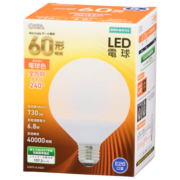 LED電球 ボール球形（60形相当/730Lm/6.8W/電球色/E26/全方向配光240°/密閉形器具対応）_06-3164_LDG7L-G AG51_OHM（オーム電機）