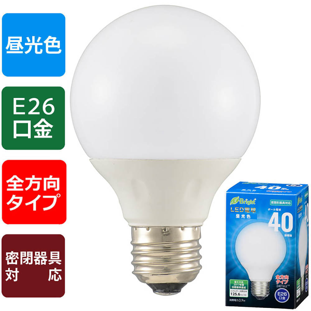 LED電球 ボール球形（40形相当/昼光色/490lm/E26/全方向配光240°/密閉形器具対応）_06-3596_LDG4D-G 7AG20_OHM（オーム電機）