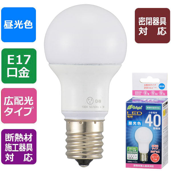 LED電球 小形（40形相当/520lm/昼光色/E17/広配光200°/密閉器具対応/断熱材施工器具対応）_06-3624_LDA4D-G-E17 IH2R1_OHM（オーム電機）