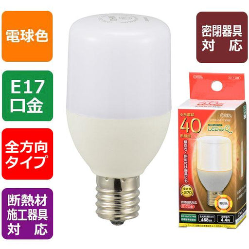 LED電球 T形（小形40形相当/468lm/電球色/E17/全方向270°/密閉形器具対応/断熱材施工器具対応）_06-3735_LDT4L-G-E17 IG92_OHM オーム電機