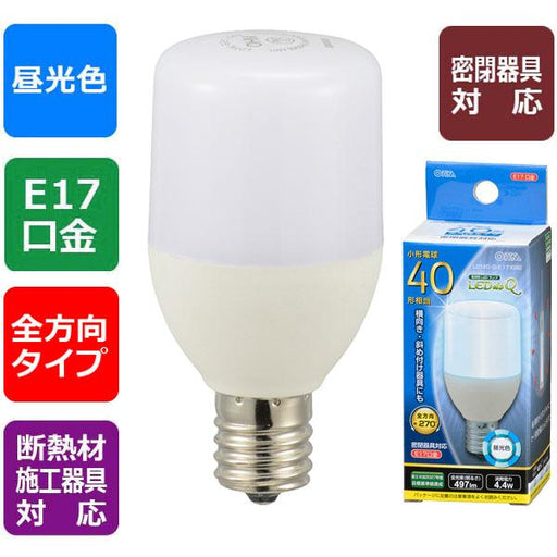 LED電球 T形（小形40形相当/497lm/昼光色/E17/全方向270°/密閉形器具対応/断熱材施工器具対応）_06-3736_LDT4D-G-E17 IG92_OHM オーム電機