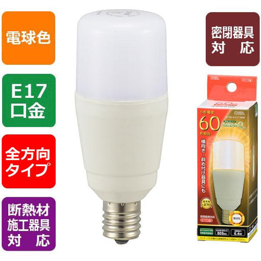 LED電球 T形（小形60形相当/805lm/電球色/E17/全方向270°/密閉形器具対応/断熱材施工器具対応）_06-3739_LDT6L-G-E17 IG92_OHM オーム電機