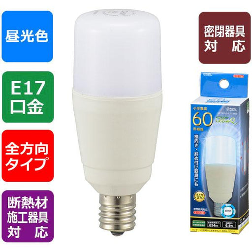 LED電球 T形（小形40形相当/834lm/昼光色/E17/全方向270°/密閉形器具対応/断熱材施工器具対応）_06-3740_LDT6D-G-E17 IG92_OHM オーム電機