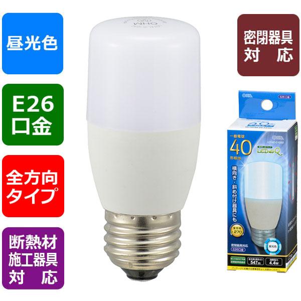 LED電球 Ｔ形（小形40形相当/547lm/昼光色/E26/全方向270°/密閉形器具対応/断熱材施工器具対応）_06-3744_LDT4D-G IG92_OHM オーム電機