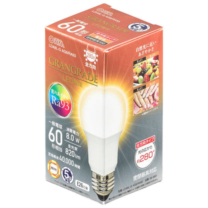 LED電球「GRANGRADE」（60形相当/Ra93/820lm/電球色/E26/全方向配光280°/密閉形器具対応）_06-3861_LDA8L-G AG6/RA93_OHM（オーム電機）