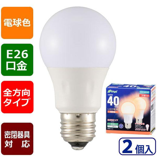 LED電球（40形相当/551lm/電球色/E26/全方向配光260°/密閉形器具対応/2個入り）_06-4349_LDA4L-G AG27 2P_OHM オーム電機