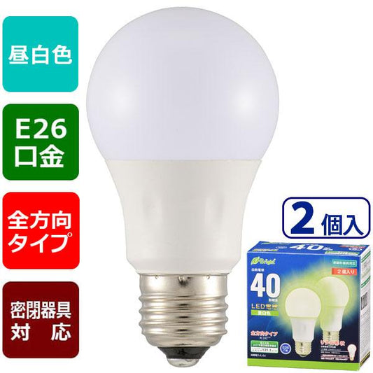 LED電球（40形相当/533lm/4.4W/昼白色/E26/全方向配光260°/密閉形器具対応/２個入り）_06-4350_LDA4N-G AG27 2P_OHM オーム電機