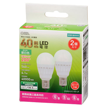 LED電球 小形（40形相当/560 lm/昼白色/E17/広配光200°/密閉器具対応/断熱材施工器具対応/2個入）_06-4717_LDA4N-G-E17 IS51 2P_OHM（オーム電機）