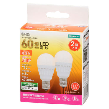 LED電球 小形（60形相当/780 lm/電球色/E17/広配光200°/密閉器具対応/断熱材施工器具対応/2個入）_06-4719_LDA6L-G-E17 IS51 2P_OHM（オーム電機）