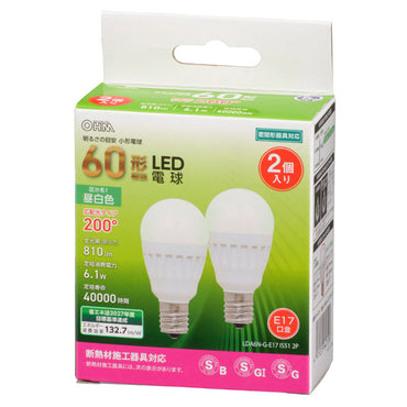 LED電球 小形（60形相当/810 lm/昼白色/E17/広配光200°/密閉器具対応/断熱材施工器具対応/2個入）_06-4720_LDA6N-G-E17 IS51 2P_OHM（オーム電機）