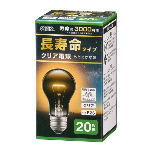 白熱電球 長寿命タイプ（20W形/クリア/電球色/180 lm/19W/E26/調光機能対応）_06-4745_LB-DL5619CN_OHM（オーム電機）