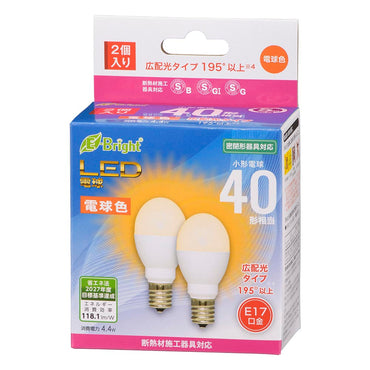 LED電球 小形（40形相当/520 lm/4.4W/電球色/E17/広配光195°/密閉器具対応/断熱材施工器具対応/2個入）_06-4809_LDA4L-G-E17 IH23 2P_OHM（オーム電機）