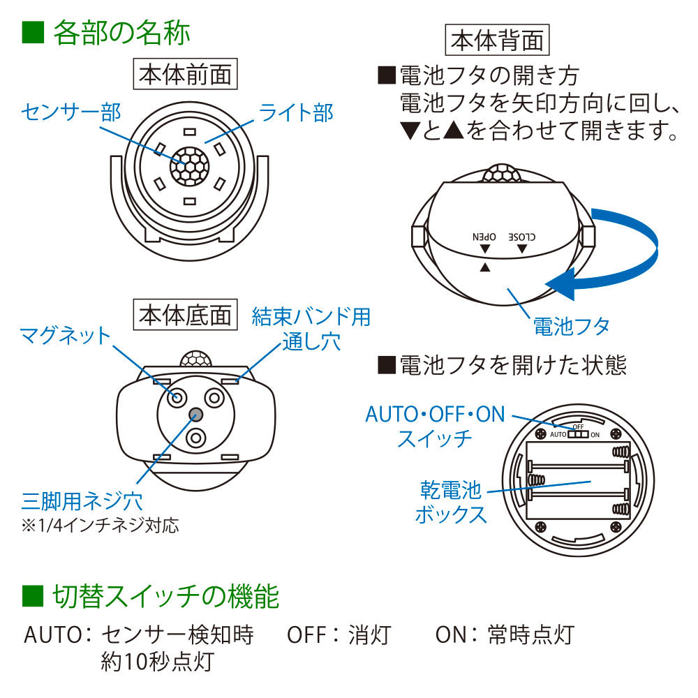 LEDナイトライト（人感・明暗センサー/昼白色/100 lm/単3×3本使用/保護等級IPX5/ブラック）_06-5052_NIT-BLA100JM-3W_OHM（オーム電機）