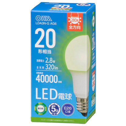 LED電球（20形相当/320lm/昼白色/E26/全方向配光280°/2.8W/密閉器具対応）_06-5513_LDA3N-G AG6_OHM（オーム電機）