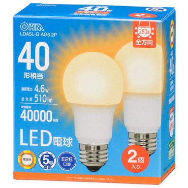 LED電球（40形相当/510lm/電球色/E26/全方向配光280°/4.6W/密閉器具対応/2個入）_06-5517_LDA5L-G AG6 2P_OHM（オーム電機）