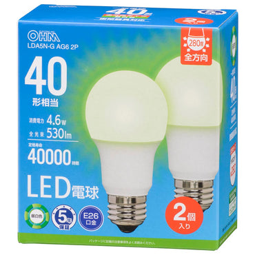 LED電球（40形相当/530lm/昼白色/E26/全方向配光280°/4.6W/密閉器具対応/2個入）_06-5518_LDA5N-G AG6 2P_OHM（オーム電機）