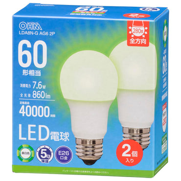 LED電球（60形相当/860lm/昼白色/E26/全方向配光280°/7.6W/密閉器具対応/2個入）_06-5521_LDA8N-G AG6 2P_OHM（オーム電機）