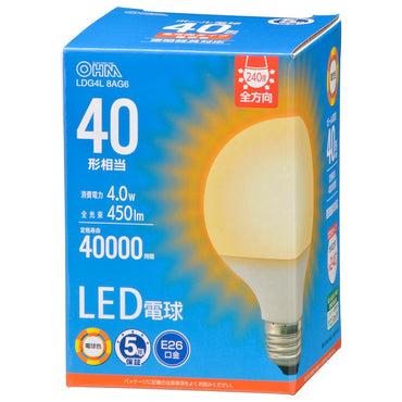 LED電球 ボール球形（40形相当/450 lm/4.0W/電球色/E26/全方向配光240°/密閉形器具対応）_06-5523_LDG4L 8AG6_OHM（オーム電機）