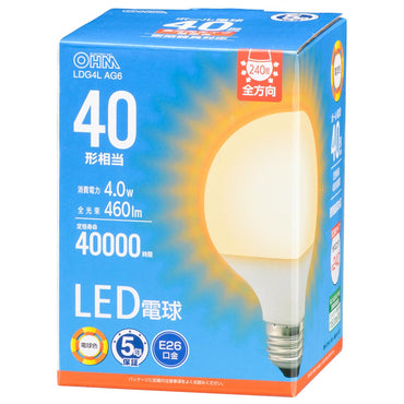 LED電球 ボール球形（40形相当/460 lm/4.0W/電球色/E26/全方向配光240°/密閉形器具対応）_06-5527_LDG4L AG6_OHM（オーム電機）