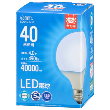 LED電球 ボール球形（40形相当/490 lm/4.0W/昼光色/E26/全方向配光240°/密閉形器具対応）_06-5528_LDG4D AG6_OHM（オーム電機）