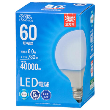 LED電球 ボール球形（60形相当/780 lm/6.0W/昼光色/E26/全方向配光240°/密閉形器具対応）_06-5530_LDG6D AG6_OHM（オーム電機）