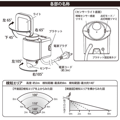 防犯センサーライト1灯（1600lm/昼光色/コンセント式、コード長3m/焦電型赤外線センサー/保護等級IP44）_07-8808_LS-A160W1_OHM（オーム電機）