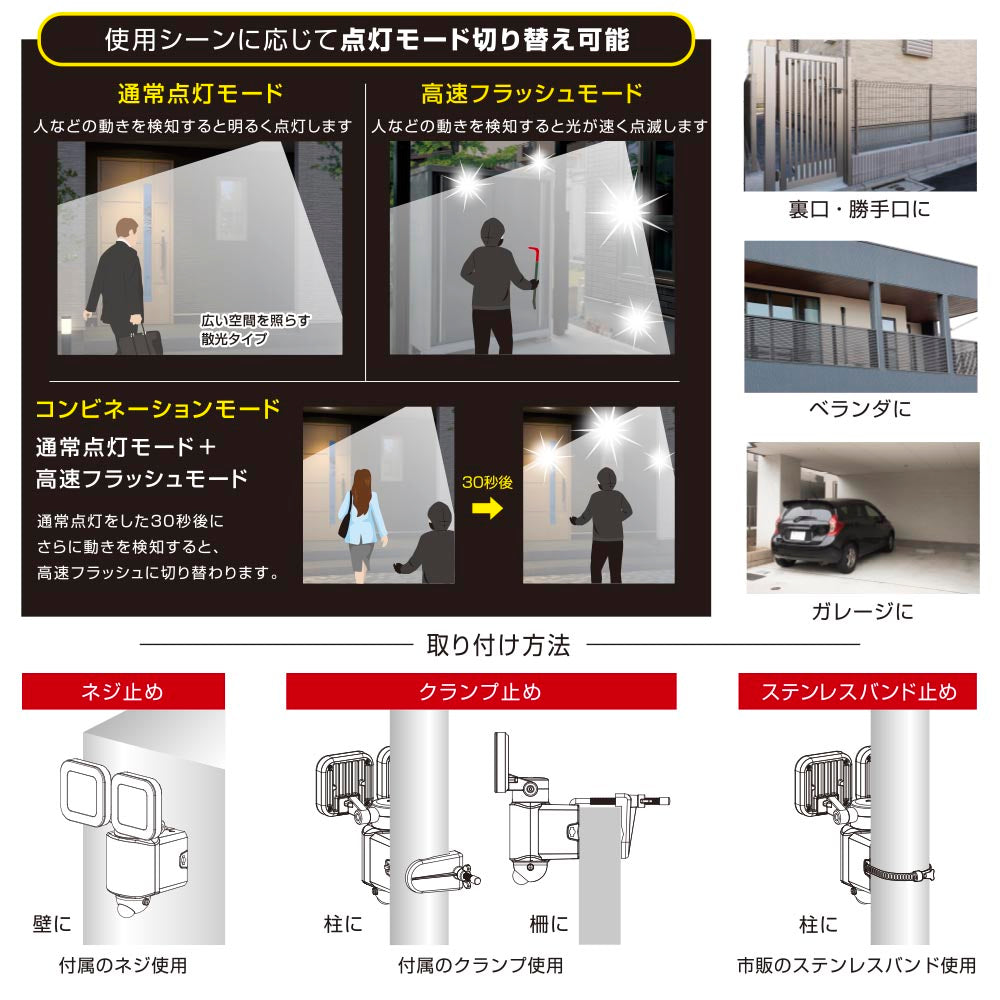 防犯センサーライト2灯（3200lm/昼光色/コンセント式、コード長3m/焦電型赤外線センサー/保護等級IP44）_07-8809_LS-A320W2_OHM（オーム電機）