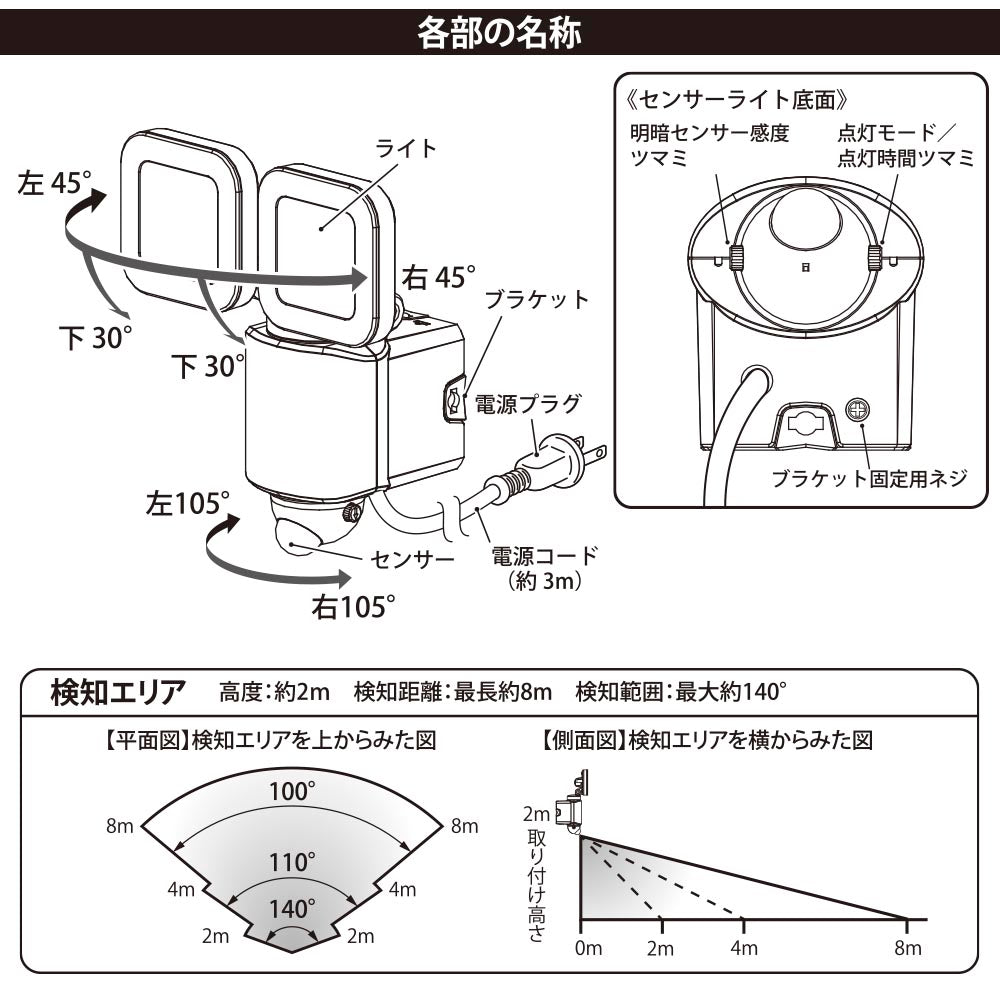 防犯センサーライト2灯（3200lm/昼光色/コンセント式、コード長3m/焦電型赤外線センサー/保護等級IP44）_07-8809_LS-A320W2_OHM（オーム電機）