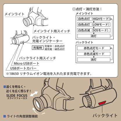 LEDヘッドライト（スライドフォーカス機能付/3点式ヘッドバンド付/充電式/点灯モード3種類/400 lm/連続使用5時間[白色HIGH]/保護等級IPX4）_08-1368_LC-HUS400-K_OHM（オーム電機）