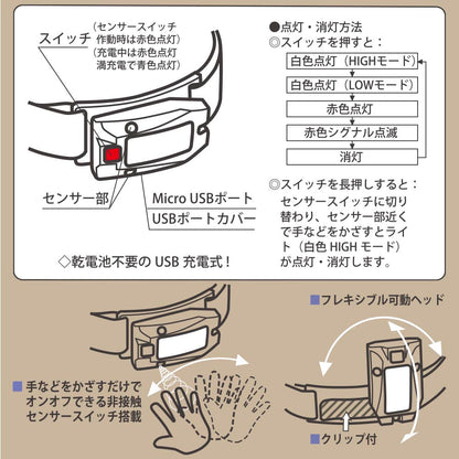 LEDヘッドライト（非接触センサースイッチ/USB充電式/点灯モード4種類/180 lm/連続使用2.5時間[白色HIGH]/保護等級IPX4）_08-1370_LC-HUS180S-K_OHM（オーム電機）