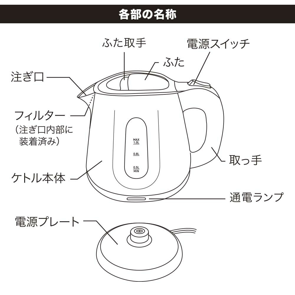 電気ケトル（空焚き防止/最大容量1.0リットル/800W/コード長0.7m/グレー）_08-1422_COK-WS80B-H_OHM（オーム電機）