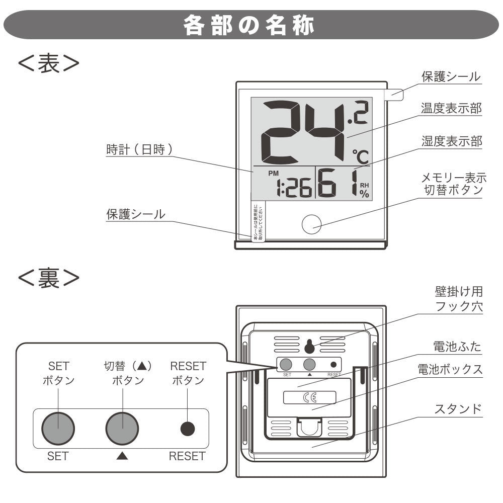 時計付き温湿度計（メモリー機能/カレンダー表示/置き掛け両用/ 単4形×2本使用/ホワイト）_08-1446_TEM-210B-W_OHM（オーム電機）