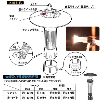 アウトドアランタン（USB充電/明るさ無段階調整+赤色点滅/充電4時間/120lm、連続使用8時間[Max]/フック、マグネット付/保護等級IPX3）_08-1525_LN-C12A5_OHM（オーム電機）