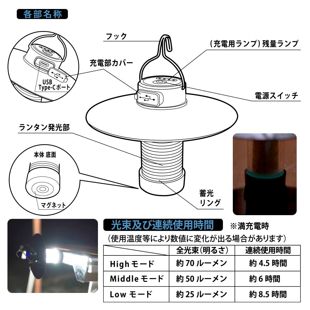 アウトドアランタン（USB充電/明るさ3段階/充電1.6時間/70lm、連続使用4.5時間[High]/フック、マグネット付/保護等級IPX3）_08-1526_LN-C07A5_OHM（オーム電機）