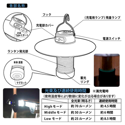 アウトドアランタン（USB充電/明るさ3段階/充電1.6時間/70lm、連続使用4.5時間[High]/フック、マグネット付/保護等級IPX3）_08-1526_LN-C07A5_OHM（オーム電機）