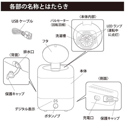 充電式小型洗濯機 （軽量・コンパクト/本体容量5L/充電2～3時間/ホワイト）_08-1543_KAJ-SWM120-W_OHM（オーム電機）