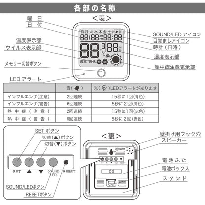 温湿度計（インフルエンザ・熱中症注意機能/単4形×2本使用/メモリー機能/カレンダー表示・時計機能/ホワイト）_08-1551_TEM-300B-W_OHM（オーム電機）