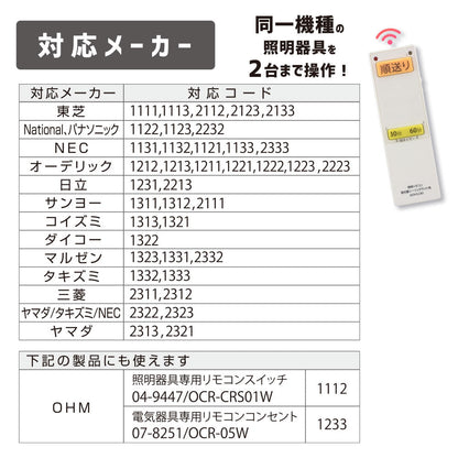 蛍光管シーリングライト専用リモコン（対応メーカー13社/単4形x2本使用）_08-3099_OCR-FLCR3_OHM（オーム電機）